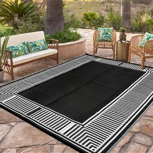 Modern Striped Border Outdoor Rug Patio Rug Double-sided Reversible Plastic Straw Rug UV Resistant Foldable for Patios Picnics Beaches Gardens and Pools