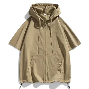 Men’s summer textured zip-up hooded shirt jacket, short sleeves, lightweight casual streetwear, solid color for everyday versatility, premium quality