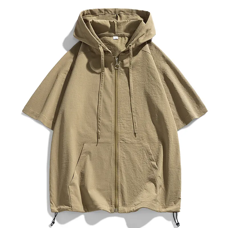 Men’s Short-Sleeve Textured Zip-Up Hooded Shirt Jacket - Plain Solid Color, Lightweight Foldable Streetwear, Premium Quality, Versatile Everyday Menswear Top, Valentine's Day Gift, Zip Up Hoodie, Valentines Day, Textured Look, Slim-Fitting, Minimalist