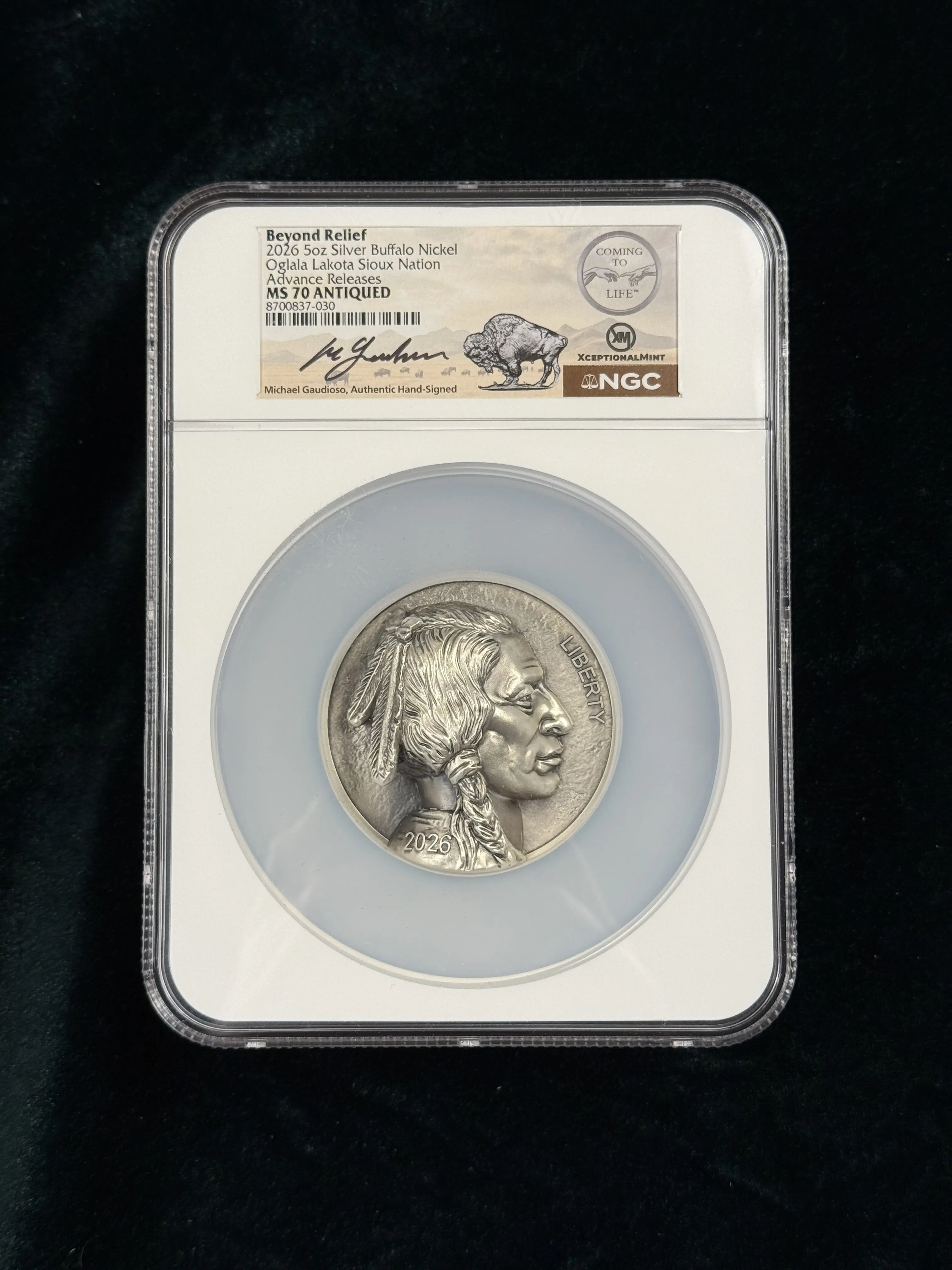 Coming to Life: Buffalo Nickel 5oz Silver MS70 Signed by Designer Micheal Gaudioso