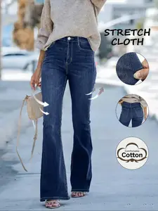 Women's Solid Color Denim Jeans, Mid-Waist Simple Daily Wear, Casual Long Pants for Women, Comfortable and Stylish Everyday
