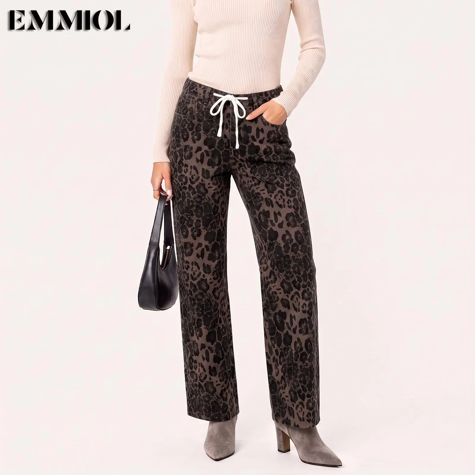 EMMIOL Vintage Brown Leopard Print Wide Leg Jeans | High Waist Baggy Denim Pants, Drawstring Waist, Functional Pockets, Y2K 90s Aesthetic, Fall Winter, Back To School New Arrival