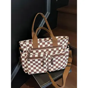 large capacity shoulder bag, Casual crossbody bags, simple and casual color blocked retro crossbody bag, niche design checkerboard pattern hand in hand bag, suitable for shopping, commuting, attending classes, Checkered Pattern Bag