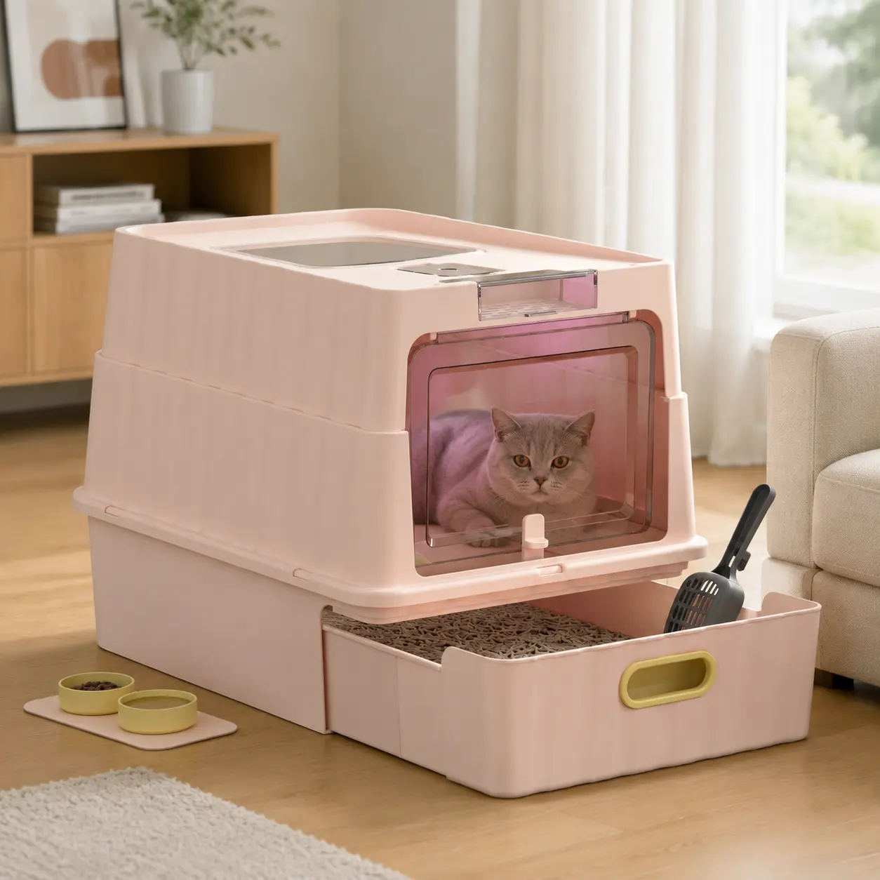 Pink vertical-grain, fully enclosed drawer cat litter box with front viewing lid, splash guard, large size, includes a scoop — suitable for home cats