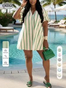 Women's Striped Casual Sundress, V-Neck Short-Sleeve Mini Dress - Breathable Summer Tunic for Beach, Vacation, Striped Casual Dresses