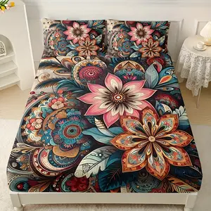3pcs Printed Bohemian Mandala Floral Fitted Sheet Set (1 Fitted Sheet + 2 Pillowcases, Pillow Inserts Not Included), HD Print for Home and Dorm Use summervibes