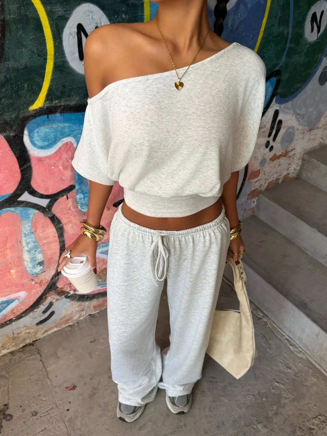NBH Women's Light Grey Autumn Casual Occasion Summer Two-Piece Set Off-Shoulder Fitted Top Wide-Leg Sweatpants Minimalist Street Everyday Outfit
