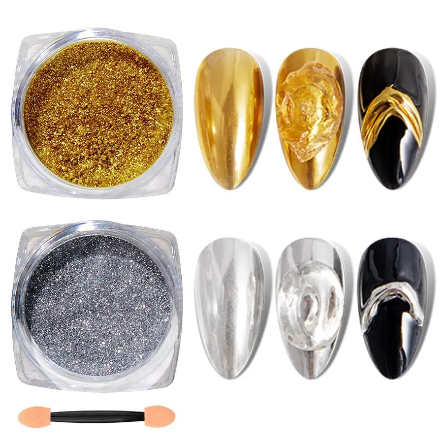 RS Chrome Nail Powder Holographic Magic Mirror Metallic Golden Silvery Rubbing Nail Art Glitter Dust For Nail Design Decoration