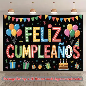 1PC 2D Flat Polyester Indoor Backdrop, Summervibes Spanish Birthday Party Decor with Colorful Balloons-Cake-Gifts Theme, "FELIZ CUMPLEAÑOS" Background Cloth, Photo Wall Decor for Kids' Celebrations, Indoor Backdrops,summervibes