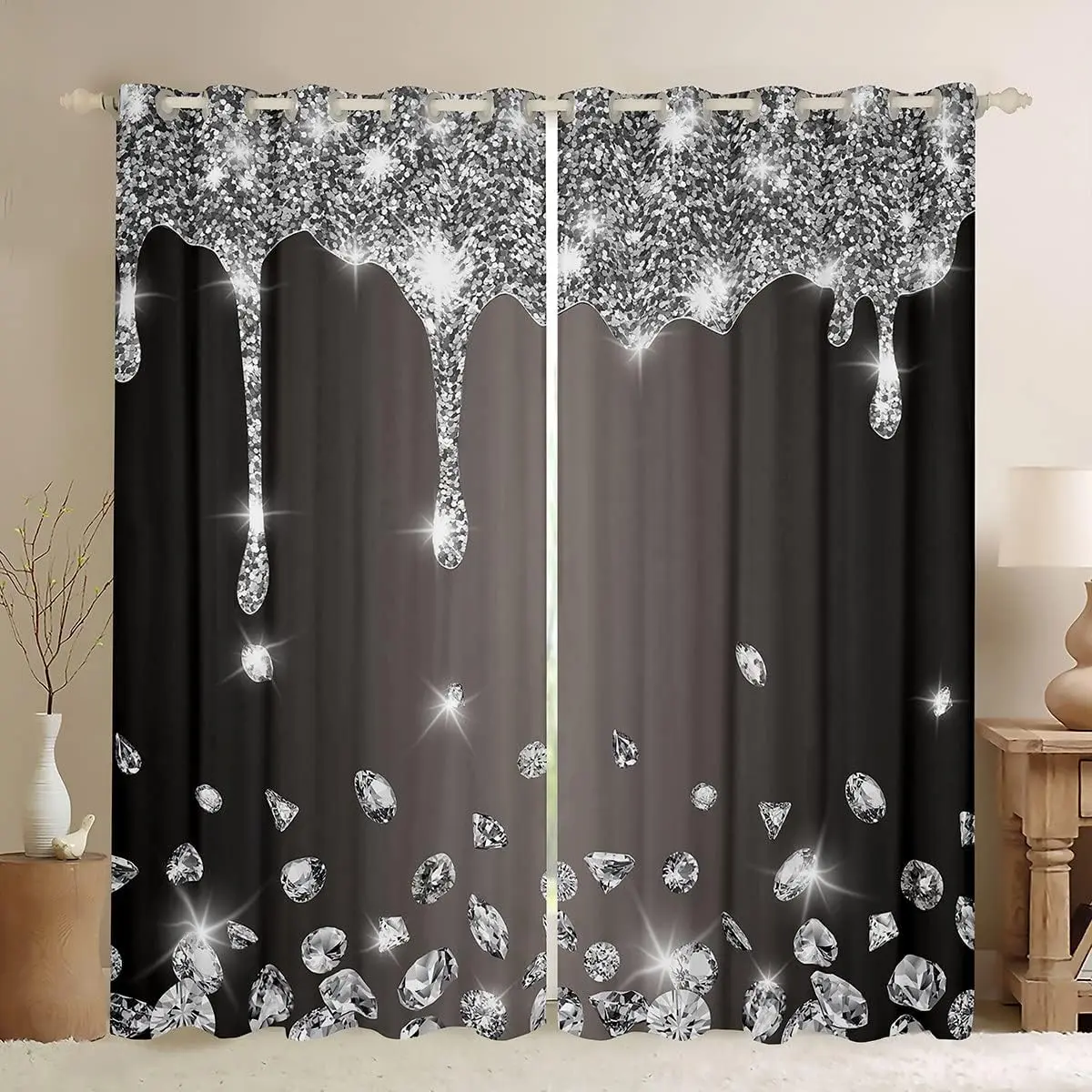 2-Piece Multi-Size Home Decorative Window Curtains - 38x54in Deep Grey Silver Shiny Diamond-Print, Luxurious-Texture Privacy Grommet Drapes for Bedroom, Living Room, Home Decorative Curtain, Window Curtains Bedroom