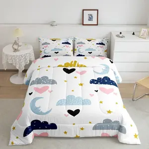 Feelyou Kawaii Microfiber Bedding Set - Moon Star Pattern Cloud Comforter Set, Pink Love Heart Quilt, Cartoon Rainbow Lightweight Soft Cozy Duvet Insert