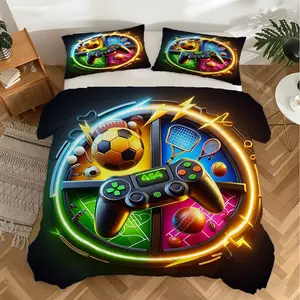 2/3Pcs Y2K Cyber Neon Game Duvet Cover Set – Digital Print Bedding Set, Great for E‑Sports Streaming Room, Teen Hangout Space, Apartment, Multi‑Sports‑Gamer Content‑Shooting Background Decor, without Pillow Core