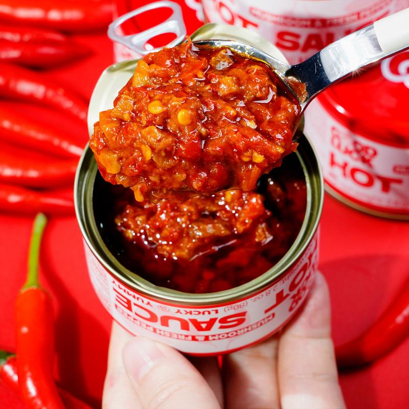 Good Luck Hot Sauce - Mushroom & Fresh Pepper Flavor | 6 Cans Box | 2.8 oz Each | Vegan Chili Dip | Mild Heat | Perfect for Tacos & Hummus Dips | Premium Ingredients | Mixed Flavors