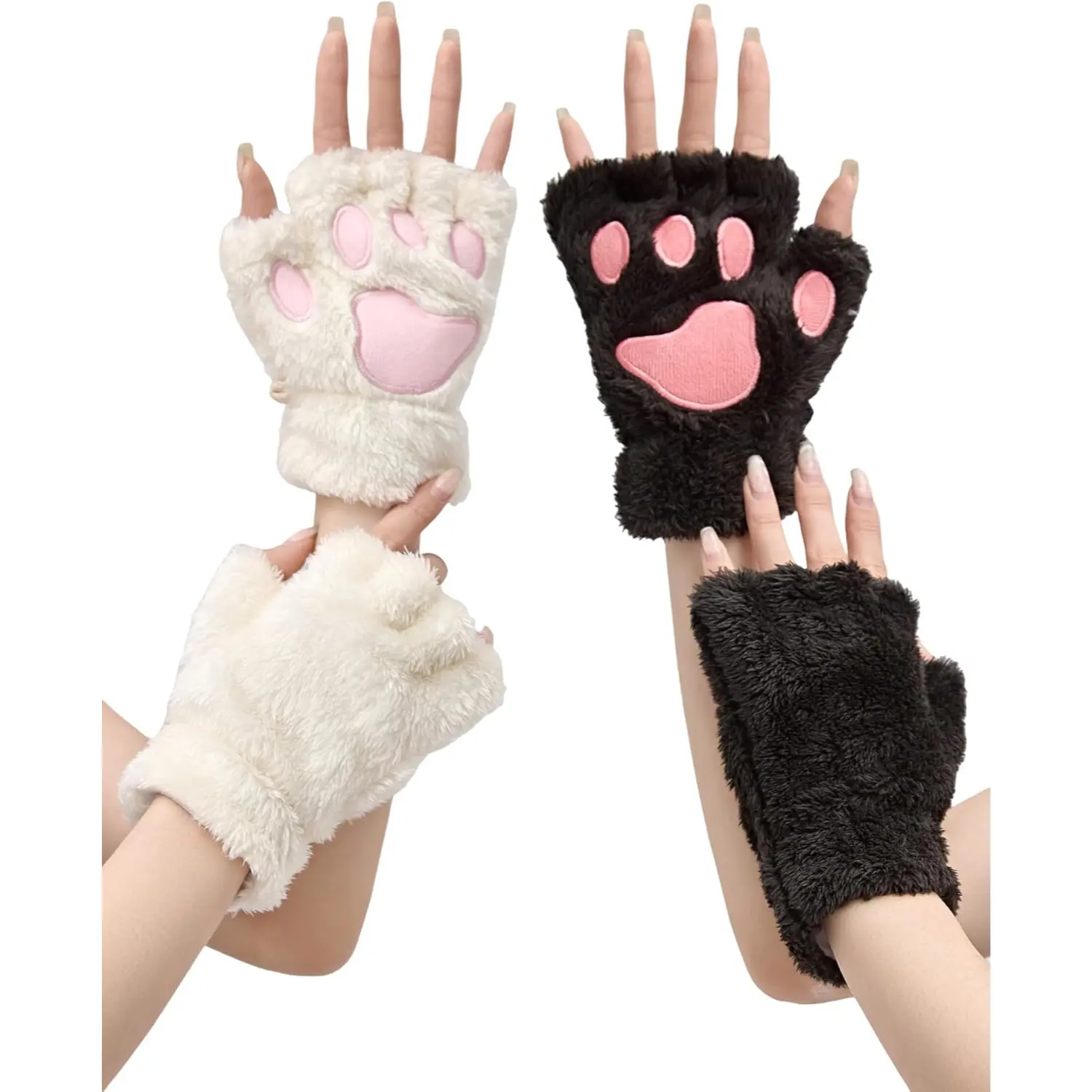 2 Pairs Cat Paw Gloves Fingerless Furry Cat Costume Black And White For Women Costume Accessories