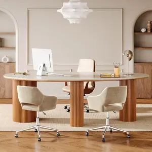 Tribesigns 86-Inch Oval Sintered Stone Executive Desk for Home Office with Solid Wood Legs