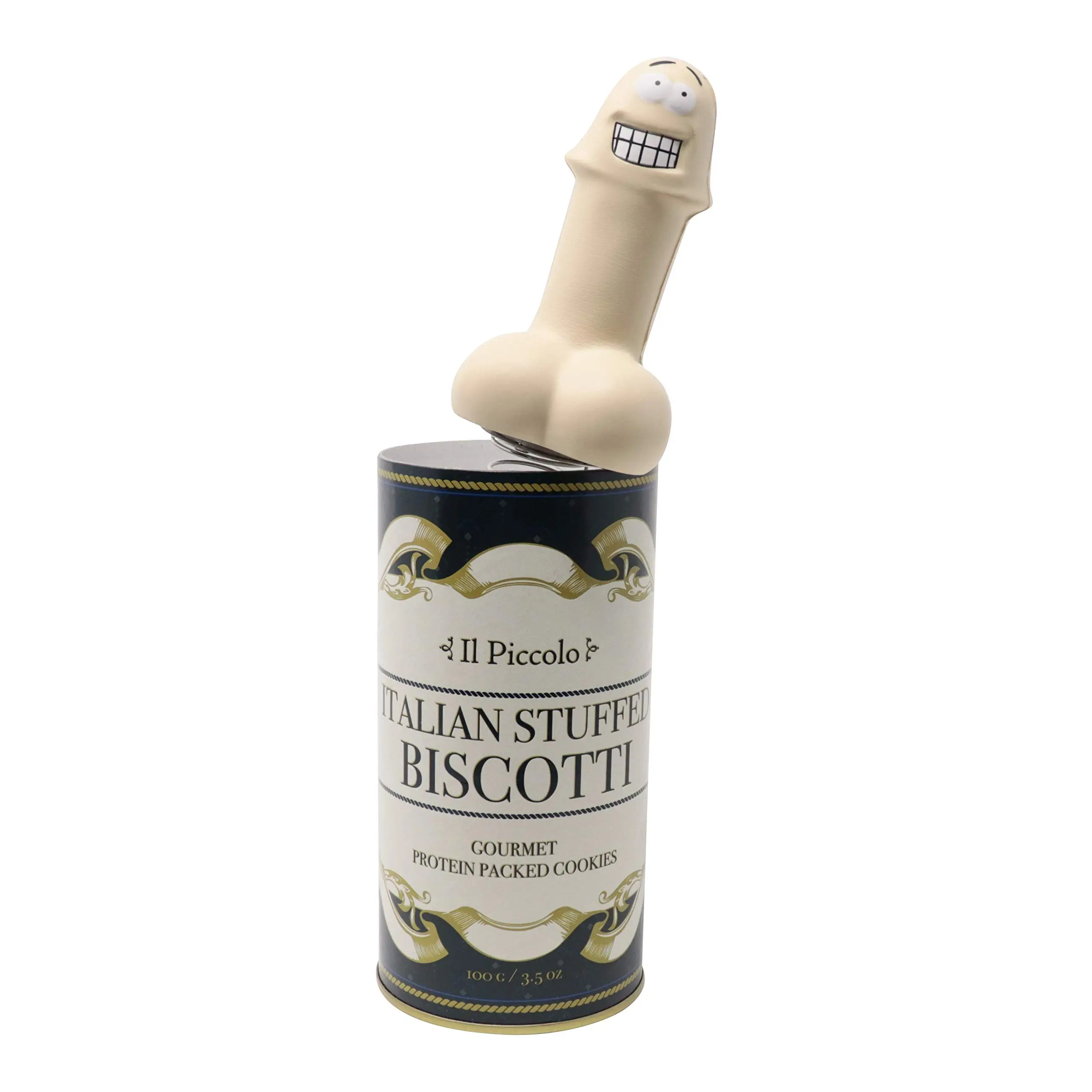 Popping Pecker Surprise Can Prank Gag Toy, Fun Delivery Novelty Gift for April Fools, White Elephant Parties with Il Piccolo Italian Stuffed Biscotti