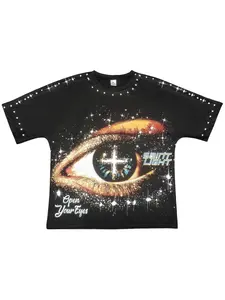 Dark Religious Cross Eye Boneless T-Shirt, Rhinestone Saint Light Print, Loose Oversized Streetwear Short Sleeve, No Zipper, No Button