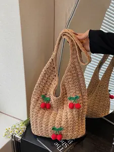Handmade Crochet Hobo Bag for Women, 3D Cherry Woven Knit Tote Bag with Drawstring, Cute Summer Shoulder Bag for Vacation Shopping