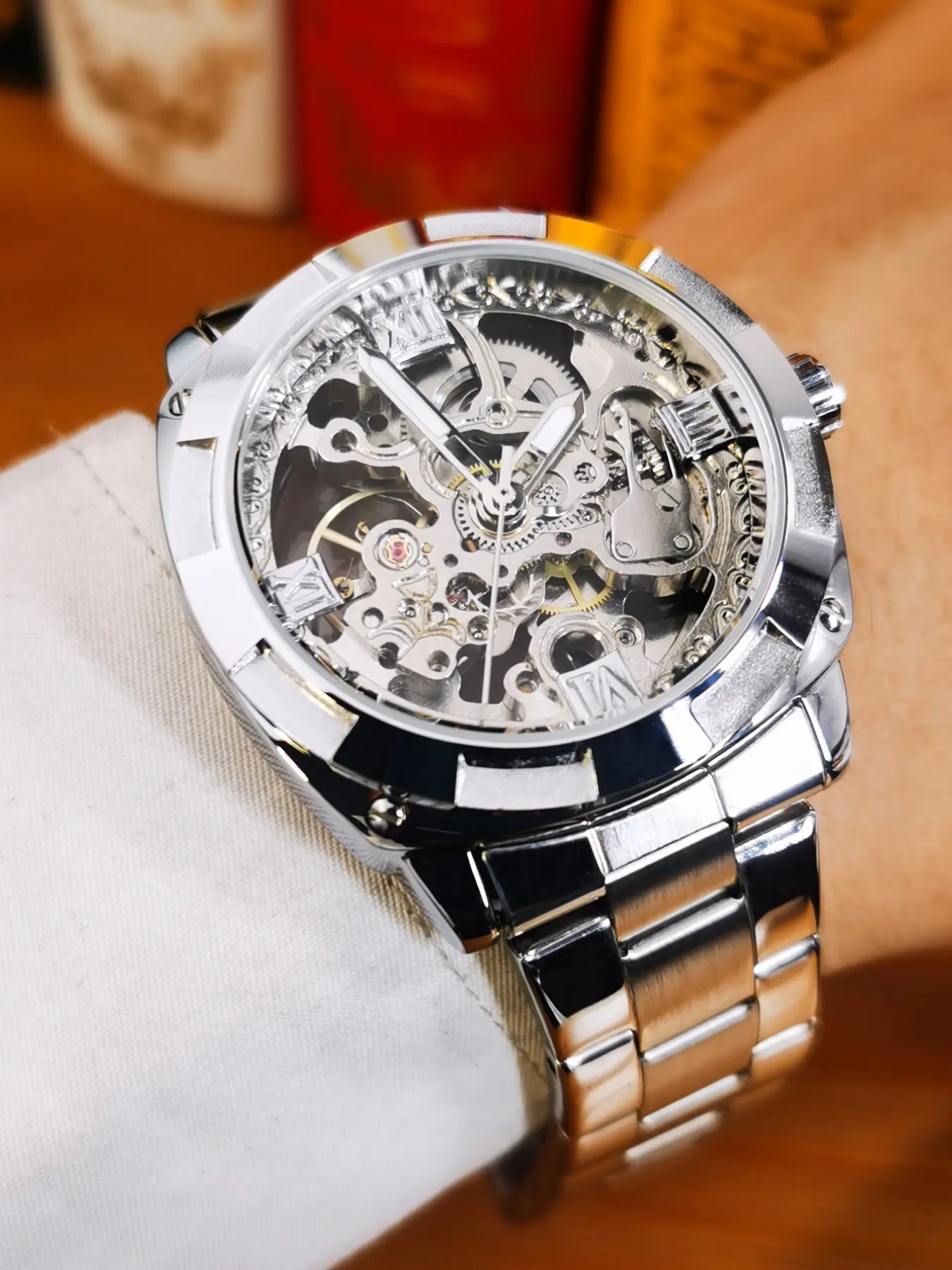 Skeleton Watch for Men, Automatic Mechanical Watch, Silver Luxury Watch, Unique Luxury Reef Tiger Aurora Unique Automatic Skeleton Skull  main image 4