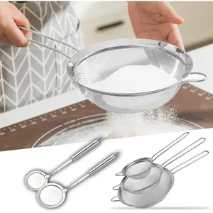 5 Pcs Fine Mesh Strainer and Fat Skimmer Spoon Set, Multipurpose Metal Strainers for Kitchen, Rice, Quinoa, Food, 304 Stainless Steel Fat Skimmer For Cooking, Fat, Grease, Floating Foam