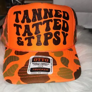 OTTO World Famous Foam Front Trucker Hat Tanned Tatted & Tipsy Camo Design Black Glitter Writing Adjustable Snap Closure