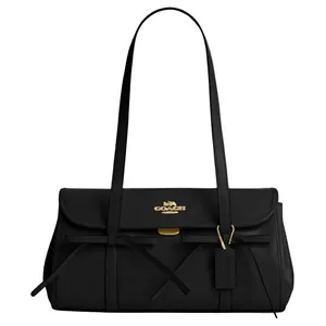 Coach Bridget 34 Bow Accent Classic Gold Logo Smooth Grain Leather Shoulder Bag Large Women's Black