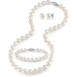 The Pearl Source Sterling Silver Pearl Jewelry Set for Women - Freshwater Pearl Necklace and Earring Set with Pearl Bracelet | Genuine Cultured Pearls, 6.5-7.0mm