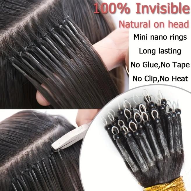 12-28 Inch 100% Remy Human Hair Extensions, Nano Tip Micro Nano Rings Cold Fusion, 50pcs 30g, Thick Smooth No Shedding No Tangle for Women