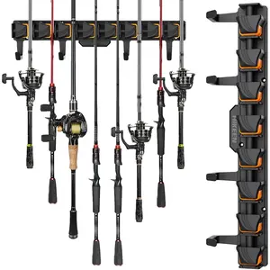 Fishing Rod Holders, Wall Mounted Fishing Rod Rack, Fishing Pole Holder Holds Up to 8 Rods or Combos, Fishing Rod Holders for Garage with 4 Hooks, Fits Most Rods of Diameter 3-24mm