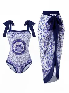 Women's Flat Chest Design Printed One-Piece Swimsuit with Skirt Two-Piece Set, Stylish Swimwear Skirt Style Swimsuits Floral Print Swimsuits for Beach and Pool, Skirted Bathing Suit