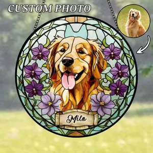Custom Pet Stained Glass Suncatcher, Personalized Dog Portrait Stained Glass Suncatcher, Custom Pet Memorial Stained Glass Photo Suncatcher, Dog Keepsake, Pet Gift