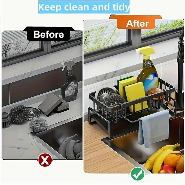 Kitchen Sink Organizer Tray with Sponge Holder Dish Soap Brush Rack Multi Purpose Countertop Storage Space Saving for Kitchen Bathroom Durable Design Kitchen Sink Organizer Tray with Sponge Holder Dish Soap Brush Rack Multi Purpose Countertop Storage Space Saving for Kitchen Bathroom Durable Design