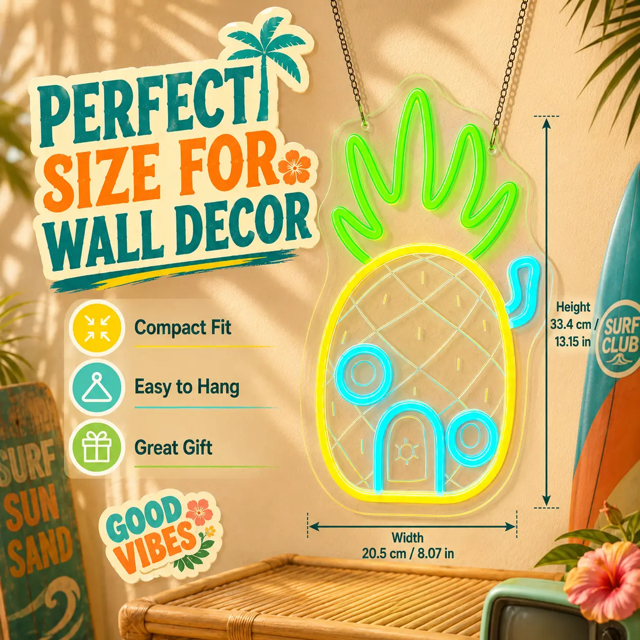 Tropical Pineapple Neon Sign LED Wall Light, Cute Pineapple House Shape Neon Lamp, Yellow Green Blue Acrylic LED Decor, USB Powered Dimmable Wall Hanging Light, Bedroom Room Decor, Summer Beach Aesthetic Gift for Home Bar Gaming Room