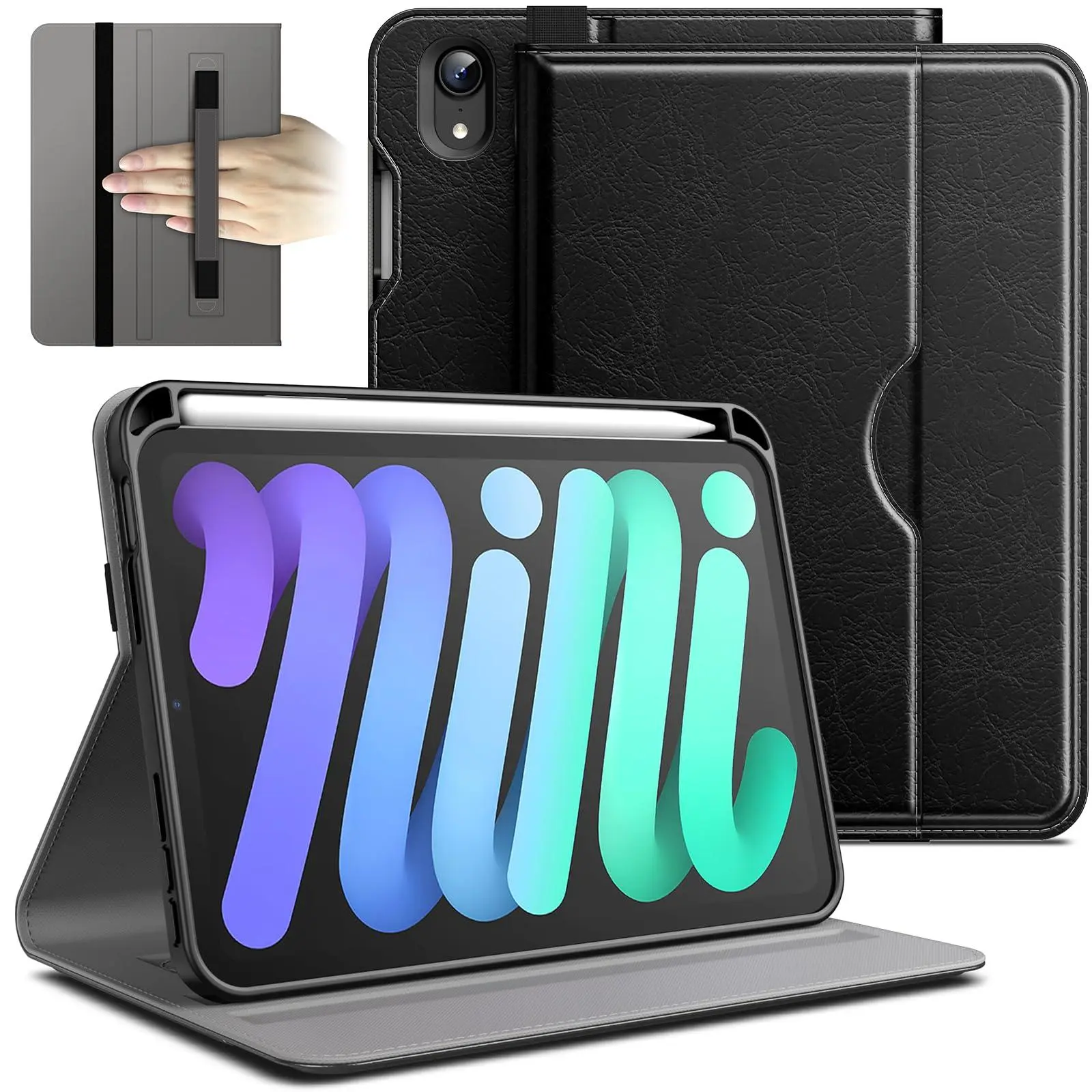 JETech Unisex Simple Neutral Protection Casing for iPad mini 7th Gen (2024 A17 Pro) & 6th Gen (2021), PU Leather Business Folio Tablet Cover with Pencil Holder, Pocket, Adjustable Strap
