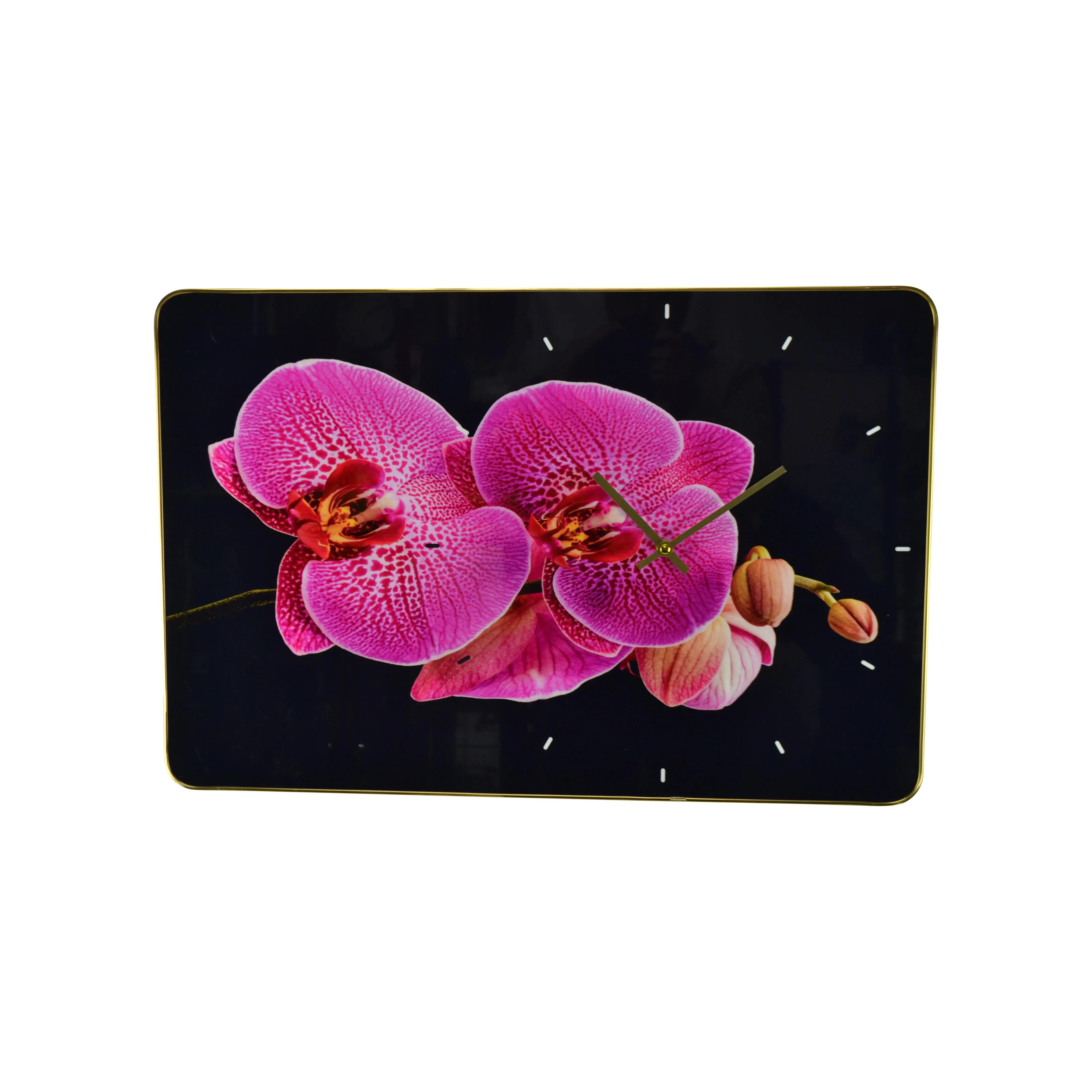 Rectangular Large Wall Clock Featuring a Pink and Purple Orchid and Black Background with Gold Frame