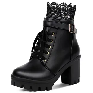 Women's Round-Toe Cuban-Heel Chunky Ankle Boots Lace-Up Buckle Design PU Leather Look Winter Comfortable All-Day Wear