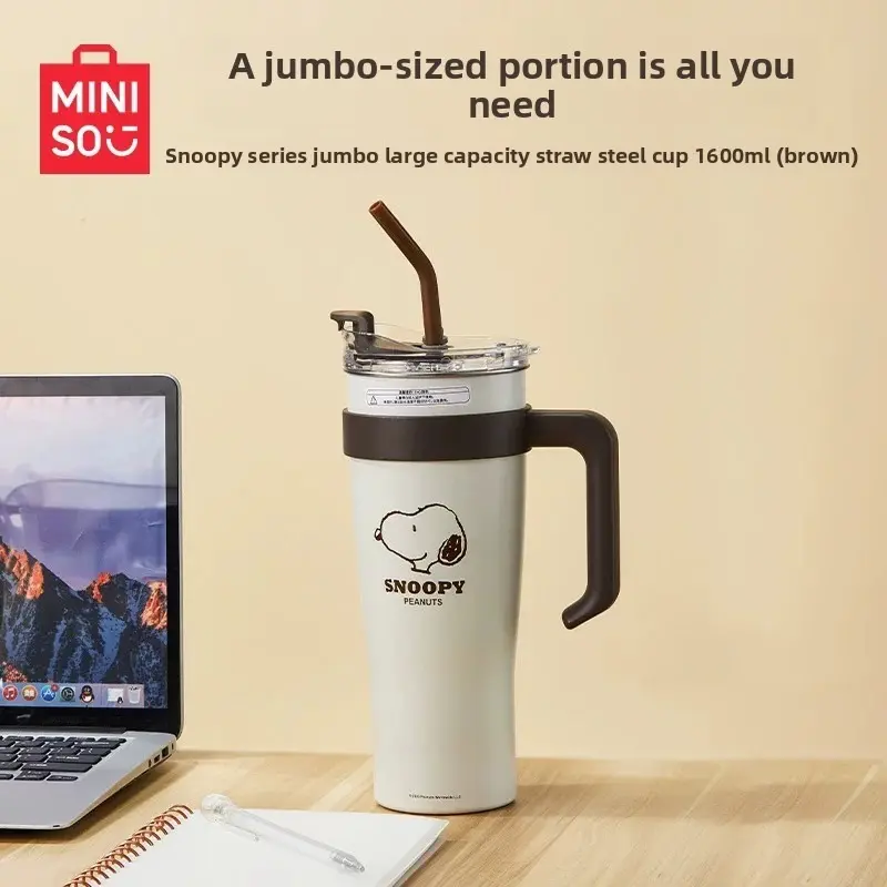 [Summer New Product] Miniso Snoopy Jumbo Large-Capacity Stainless Steel Straw Direct-Drink Portable Handle Water Bottle