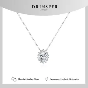 DRINSPER Sunflower S925 1.0CT DVVS Synthetic Moissanite Sterling Silver Necklace for Women Girls Gorgeous Floral Versatile Style Suitable for Daily Wearing Casual Outfit Chrismas Jewelry Gift for Girlfriend Mom