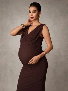 BELLAdresses Maternity Clothes Maternity  Dress  Summer Pregnant Clothes Brown Dress Sleeveless Dress With A Draped Neck Elegant Party