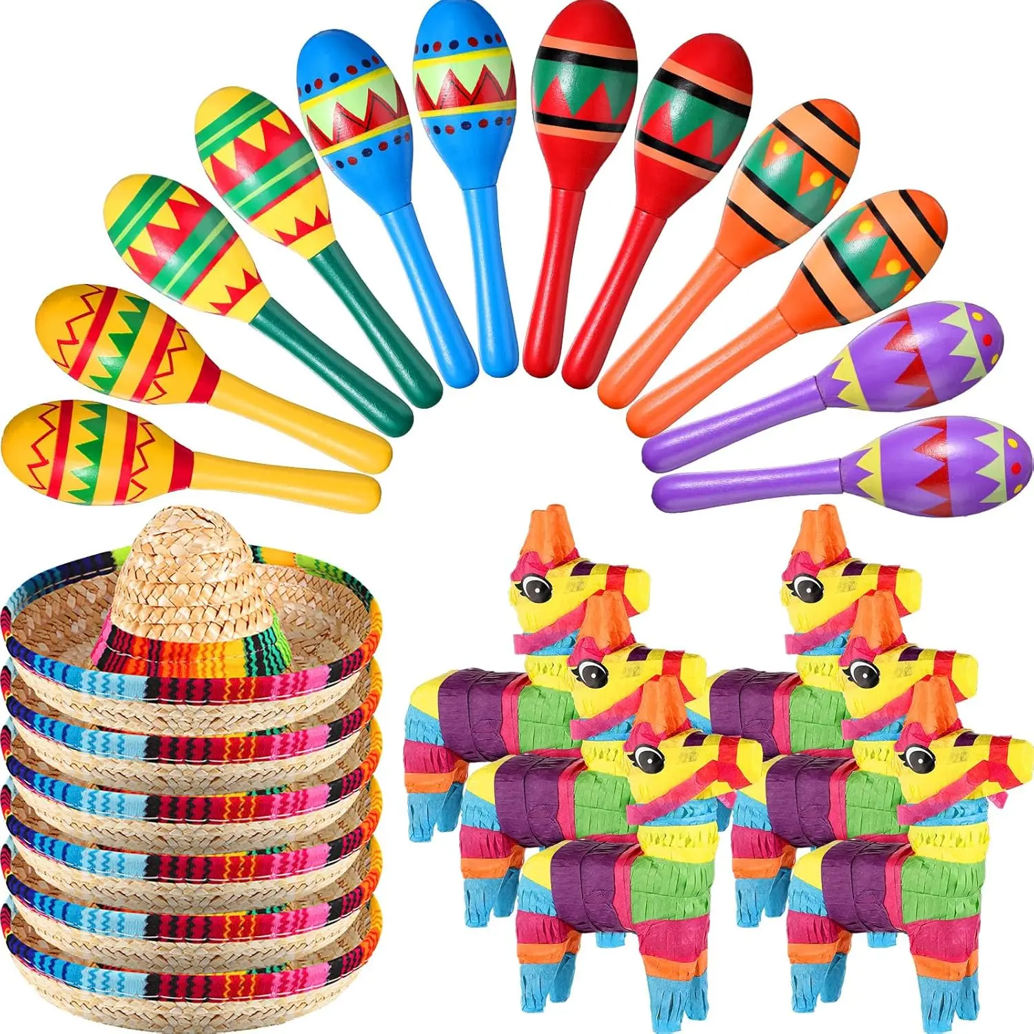 24-Piece Multicoloured Mexican Fiesta Decorations Set - Lightweight Mini Donkey Piñata, Wooden Maracas, Mini Sombrero Hats for Kids, Cinco de Mayo, Wedding & Birthday Supplies, Photo Props, Party Gifts