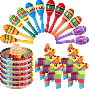 24 pcs mexican fiesta decorations includes mini donkey piata wooden fiesta maracas for kids mini sombrero hats cinco de mayo decorations for birthday supplies