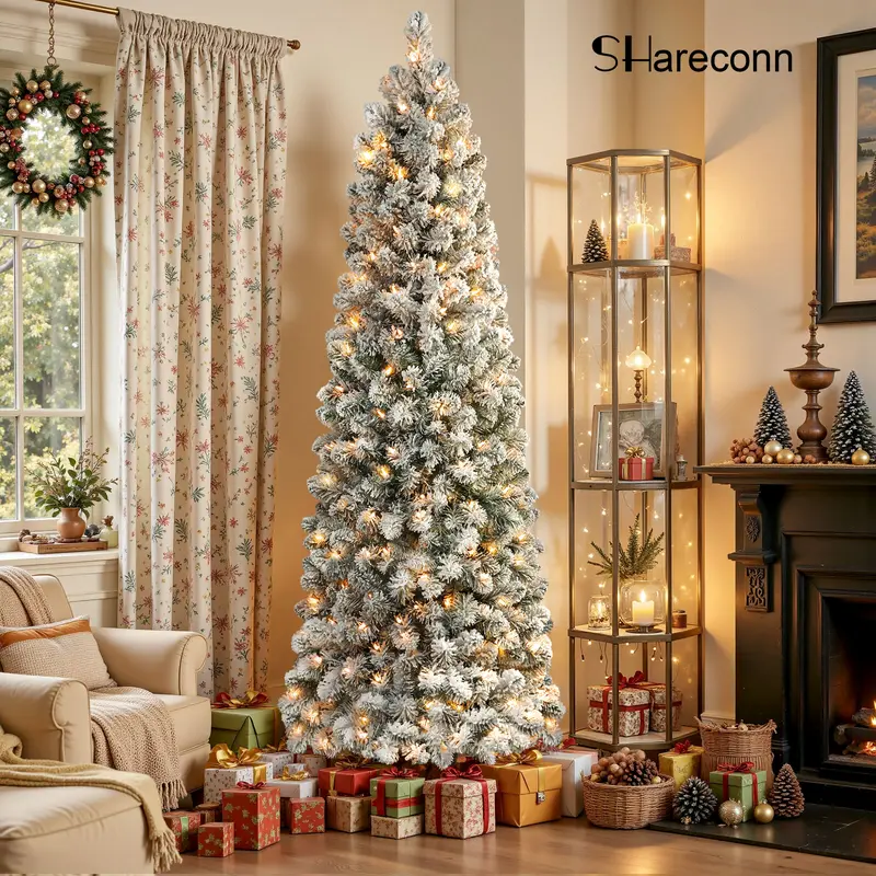 SHareconn 4/5/6/7/7.5/8/9FT, Pre-lit Snow Flocked Slim PVC Christmas Pencil Tree, Warm White Lights, Dense Removable Branches, Sturdy Stand Keeps Tree Upright, Art Deco Romantic Festive Decoration for Holiday Decor Setup