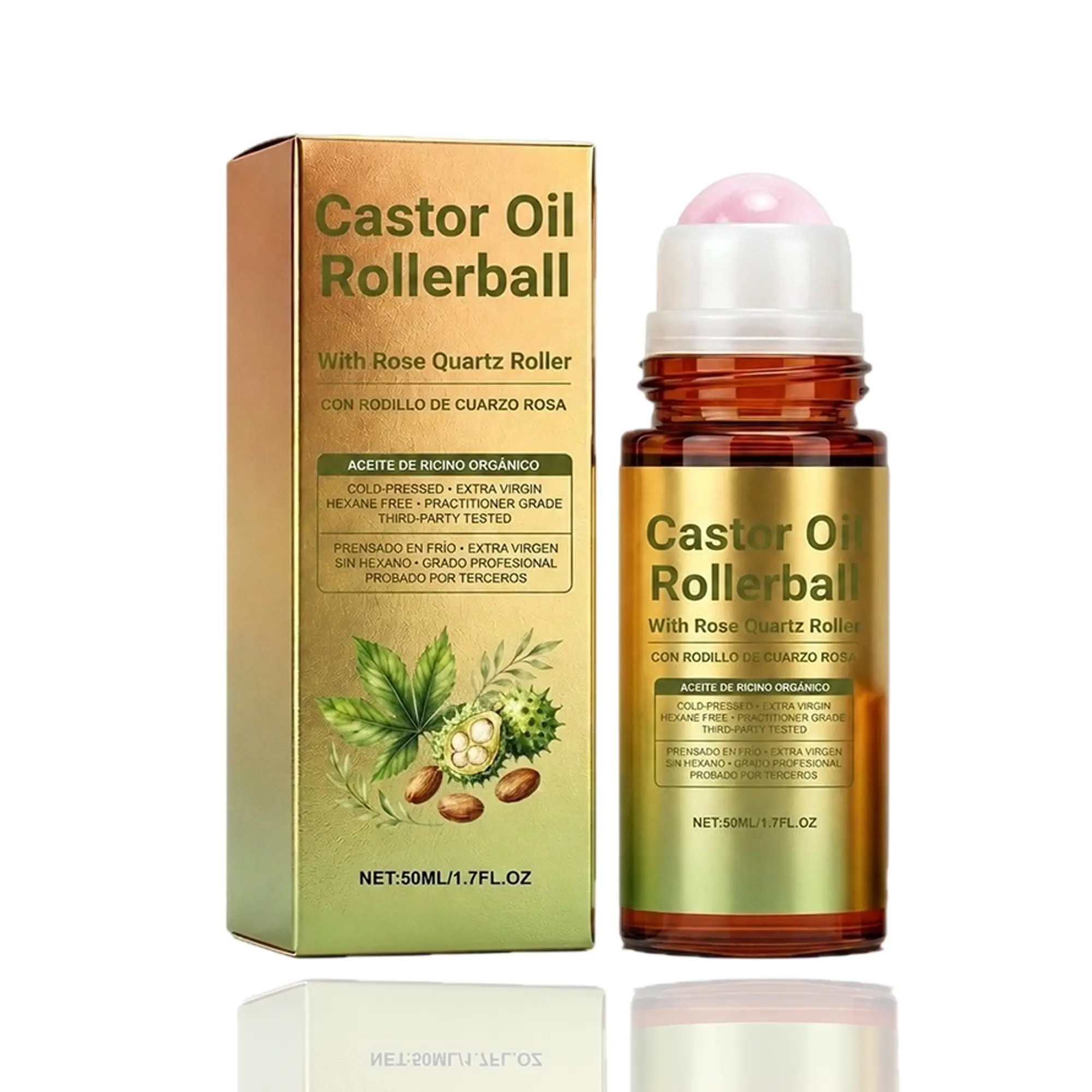 Organic Cold Pressed Castor Oil Rollerball with Natural Rose Quartz Roller, Portable Hydrating Softening Body Massage Roll On Oil for Dry Rough Dull Skin Daily Nourishing Skin Care