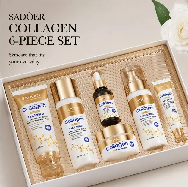 SADOER Collagen 6-Piece Skincare Set, Lightweight Gentle Blend for Evening Daily Care, Hydrating Routine for Soft, Smooth-Looking Skin