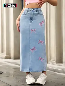 Elegant Women's Bow Embroidered High Waist Denim Skirt, Slimming Split Bodycon Midi Dress, Fashionable Casual Wear, Street Fashion Skirt, Casual Streetwear Skirt