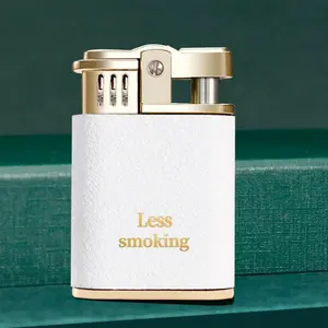Less Smoking Cool Windproof Kerosene Lighter Portable High End Creative Semi Automatic Igniter with Metal Body Hand-Sewn Leather Grain Gift Box Perfect for Smoker's Festivals & Birthday Gifts Indoor Outdoor Fire