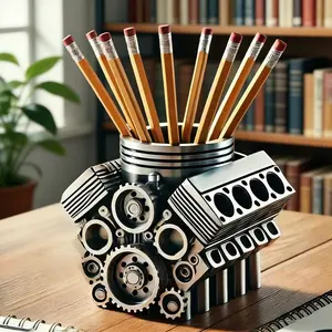 Industrial-style creative car V8 engine-shaped pen holder, desktop decoration office supplies, unique gift for car enthusiasts, practical home decor ornament, resin craft marker pen holder