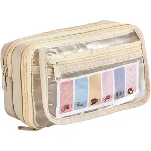 Large Pencil Case Pouch, Clear Multi-layer Pencil Box, Zipper Pen Bag for Teens Girls School Office, Transparent Multifunction Makeup Bag for Women Travel (Beige)