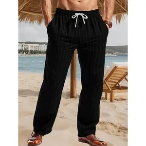Men's Striped Linen Pants, Elastic Waist Drawstring Beach Long Pants, Lightweight Comfortable Straight Leg Fit for Vacation & Casual Street Style