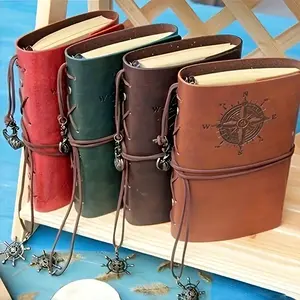 Vintage Leather Notebook, 4 Counts/set Antique Pirate-themed Maritime Compass Design Notebook, Hardbound Writing Journal with metallic Clasp & Spiral Binding, Travel Diary Notebook